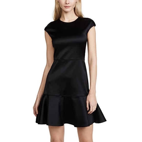 THEORY Black Essential Flare A Line Satin Flouncy Mini Ruffle Dress sz 10 - Picture 2 of 9